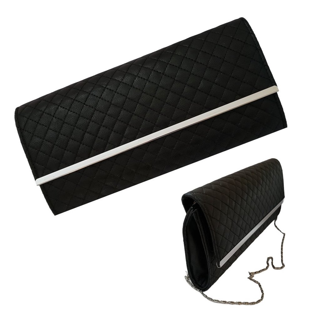 Diamond Quilted Leatherette Clutch Removable Silver Chain 11.75x6x2 Black